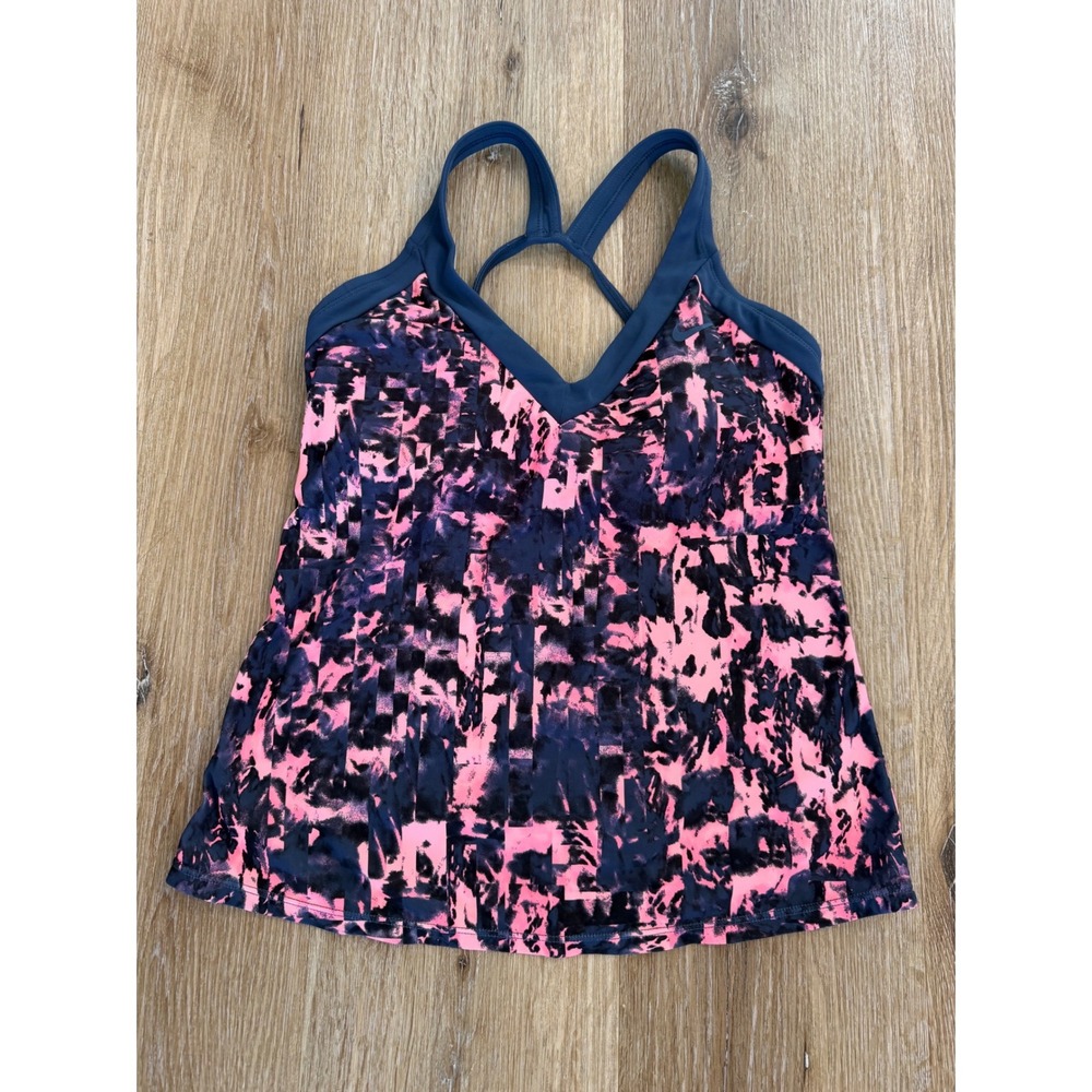 Nike Tankini Swim Top Womens Small Pink Navy Blue Abstract Strappy Excellent